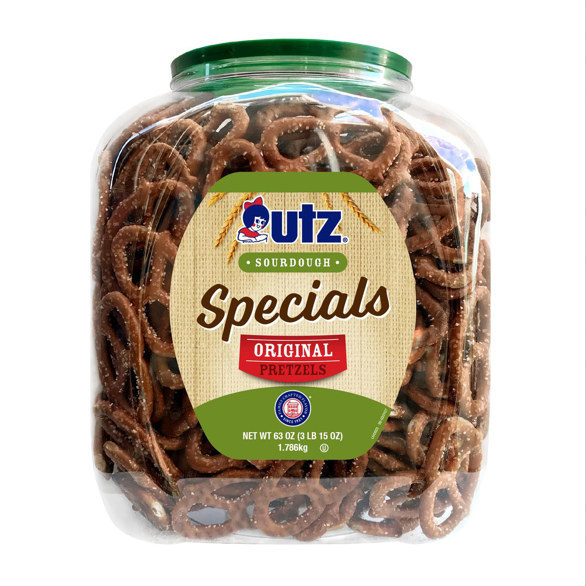 Utz Sourdough Specials Pretzels in a 63 oz barrel, ideal bulk snacking.