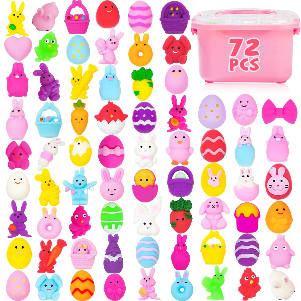 UUSYCUN Easter mochi squishies 72-pack in a pink bin, ideal for egg fillers and party favors
