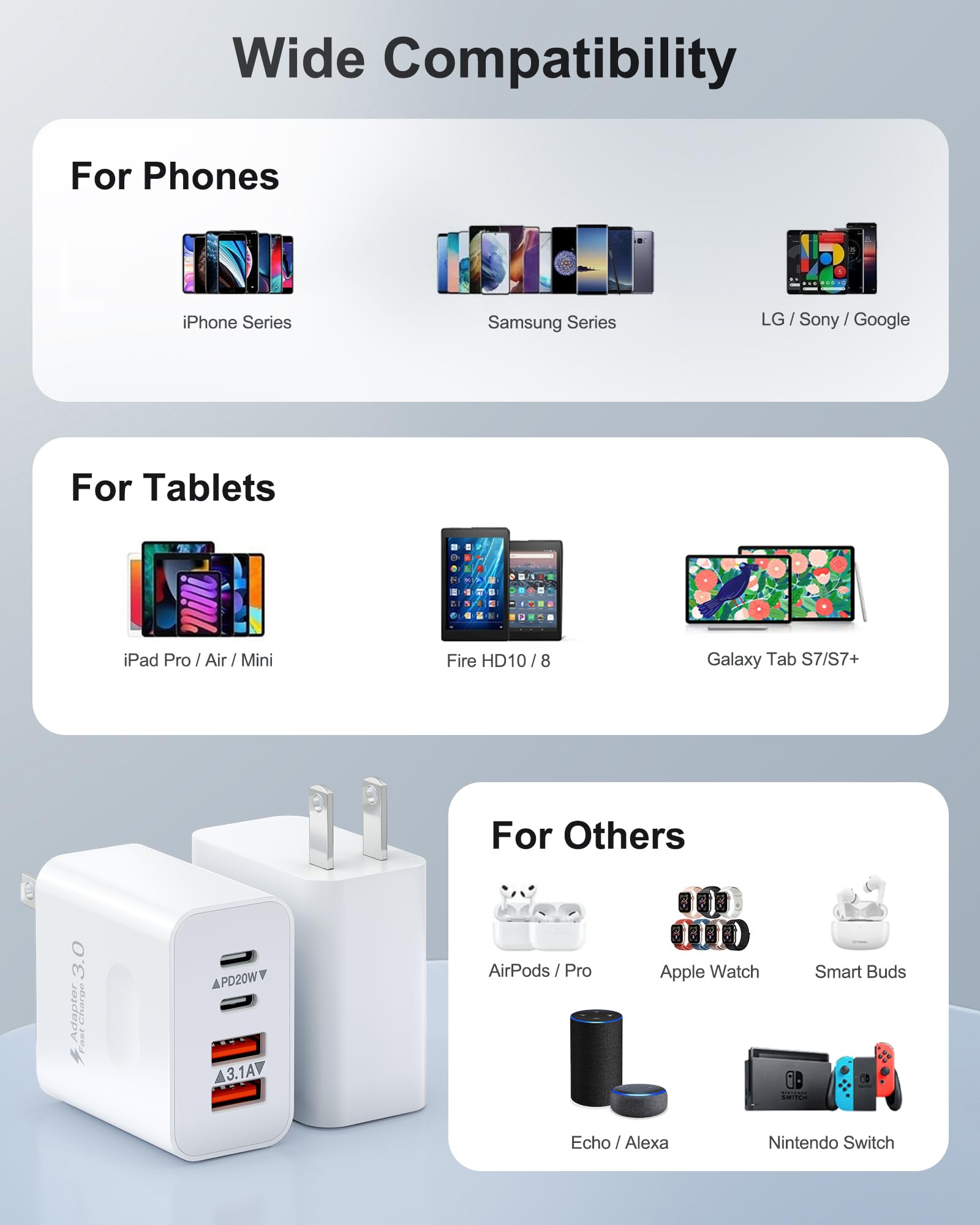 UVRESINME 40W fast charger powers iPhone and tablets efficiently.