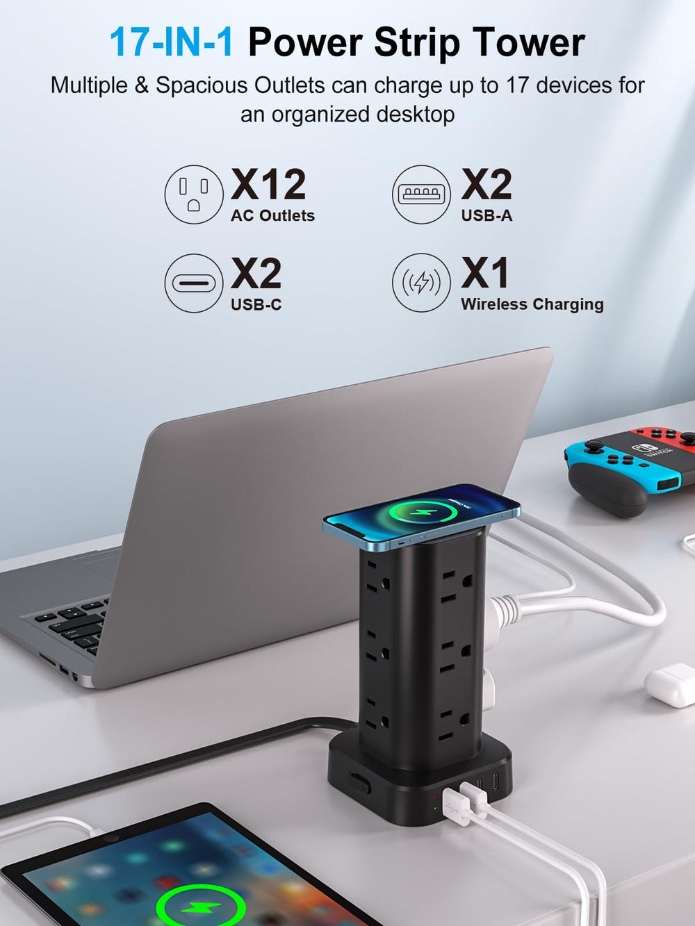 UWIWUTEI Power Strip Tower showing 12 AC outlets to power multiple devices.