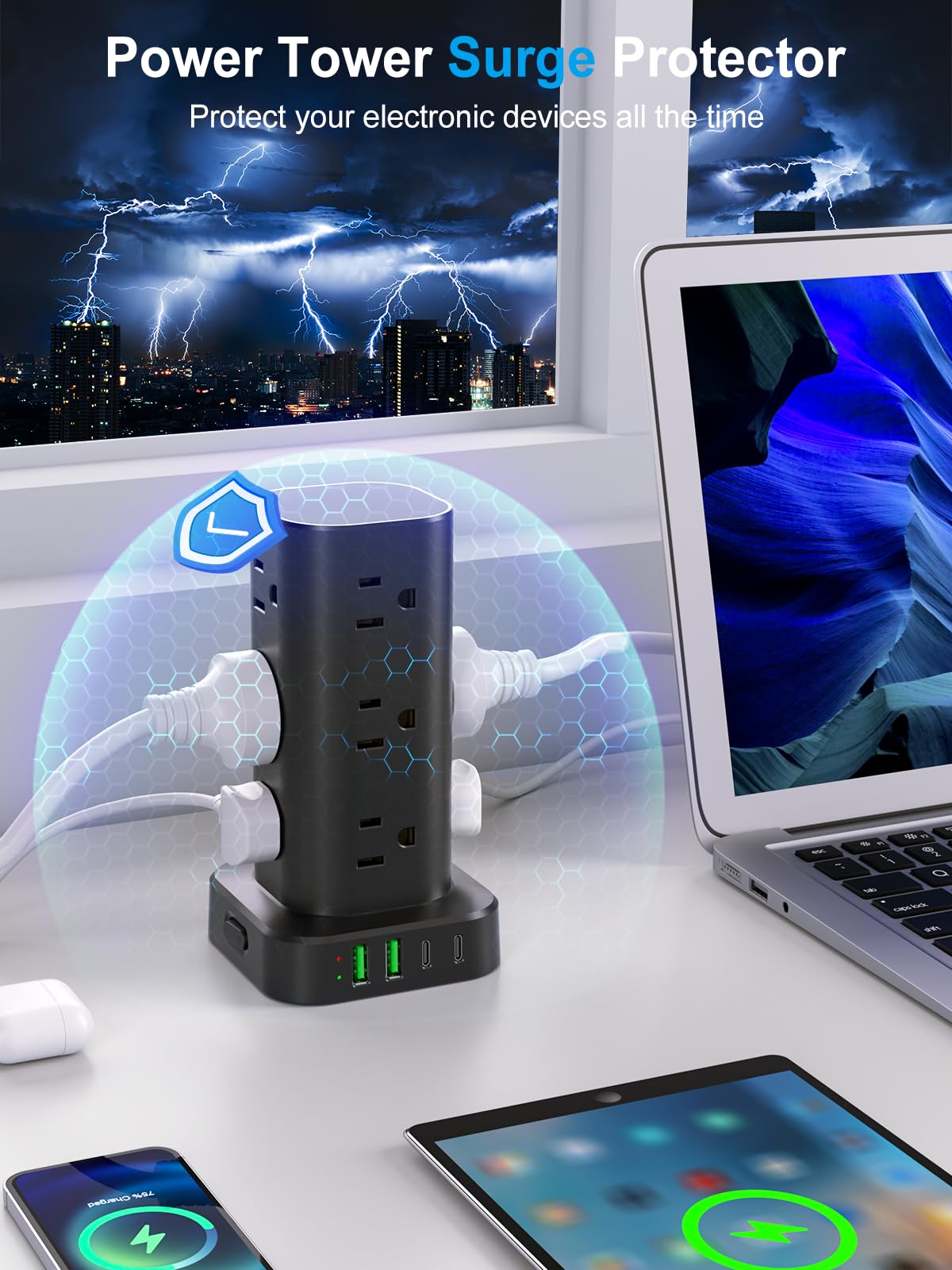 UWIWUTEI Power Strip Tower 45-degree angle frees space for outlets below.