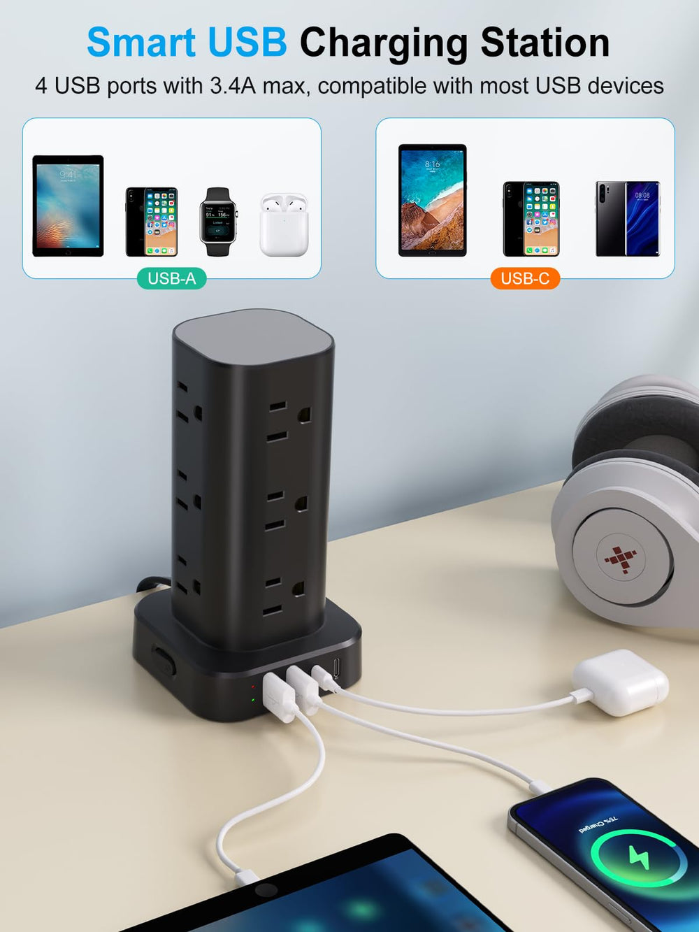 UWIWUTEI Power Strip Tower with a 6 ft extension cord for flexible placement.