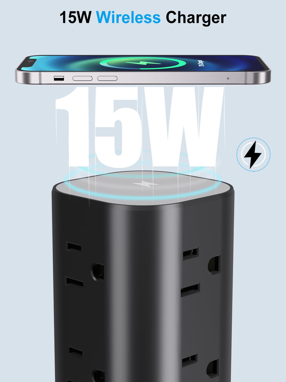 UWIWUTEI Power Strip Tower flat plug design sitting flush against wall.