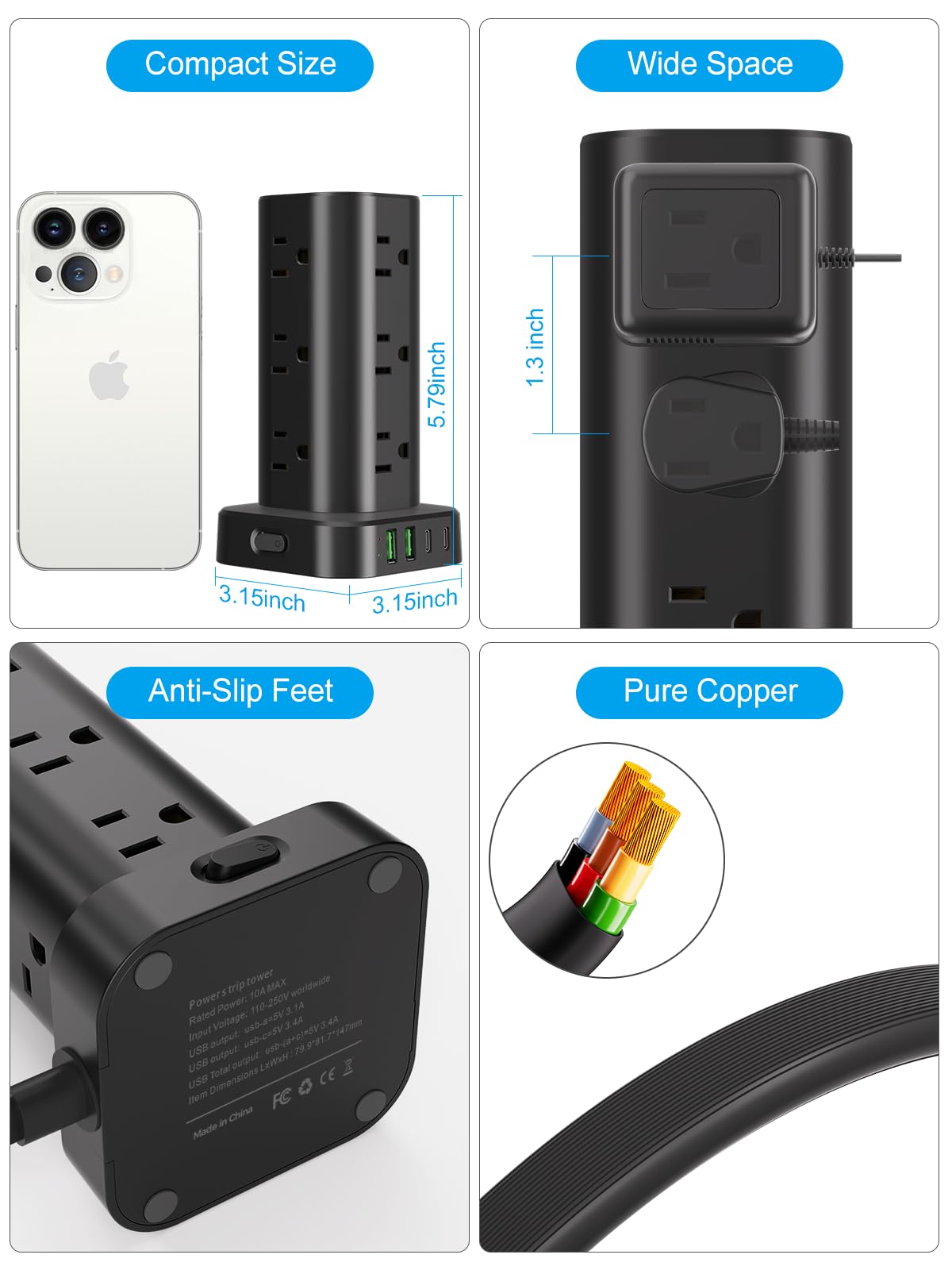 UWIWUTEI Power Strip Tower with 1800J surge protection guarding electronics.