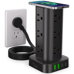 UWIWUTEI Power Strip Tower with Wireless Charger on a clean desk for organized charging.