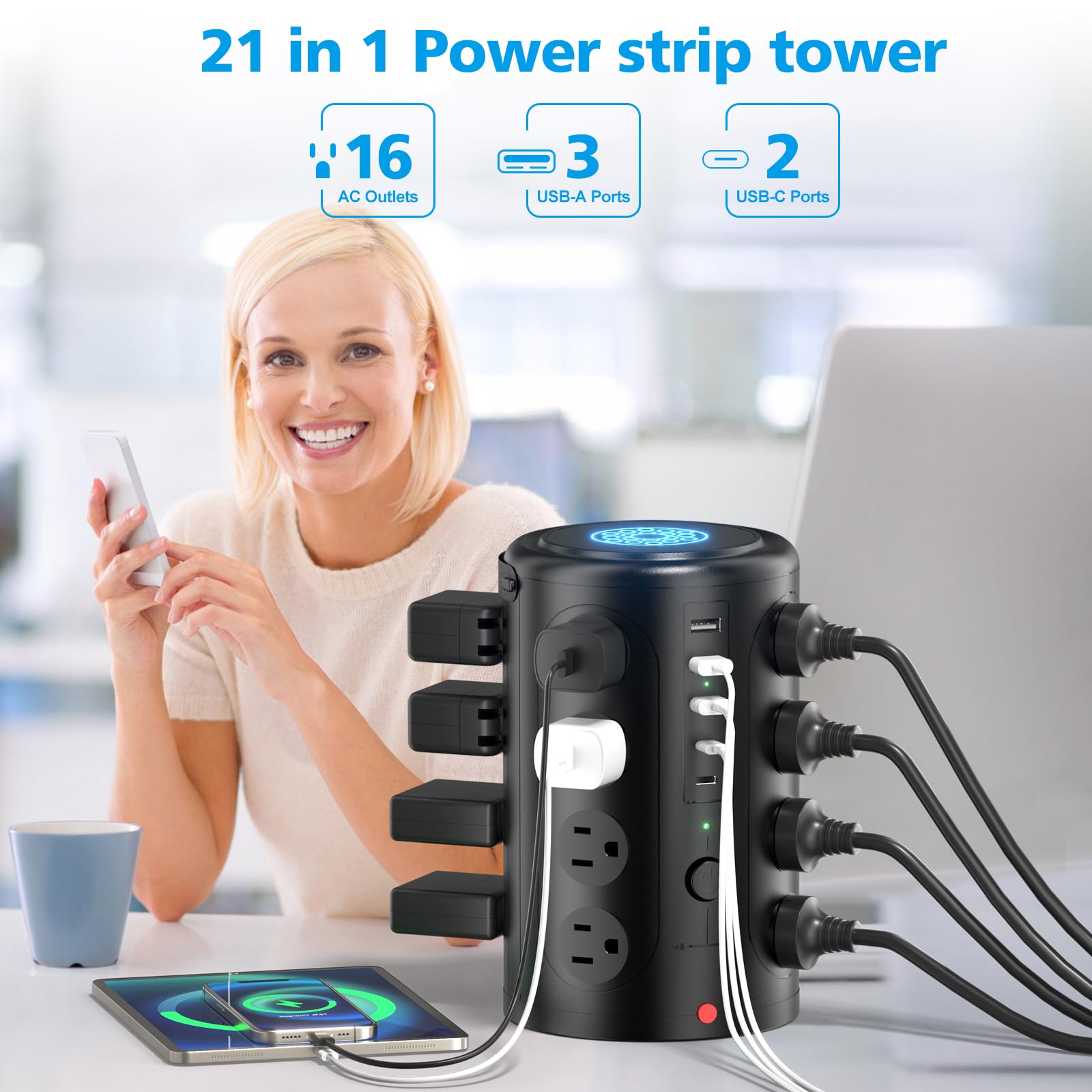 UWIWUTEI power strip showing USB-C ports for fast charging in dorms or offices