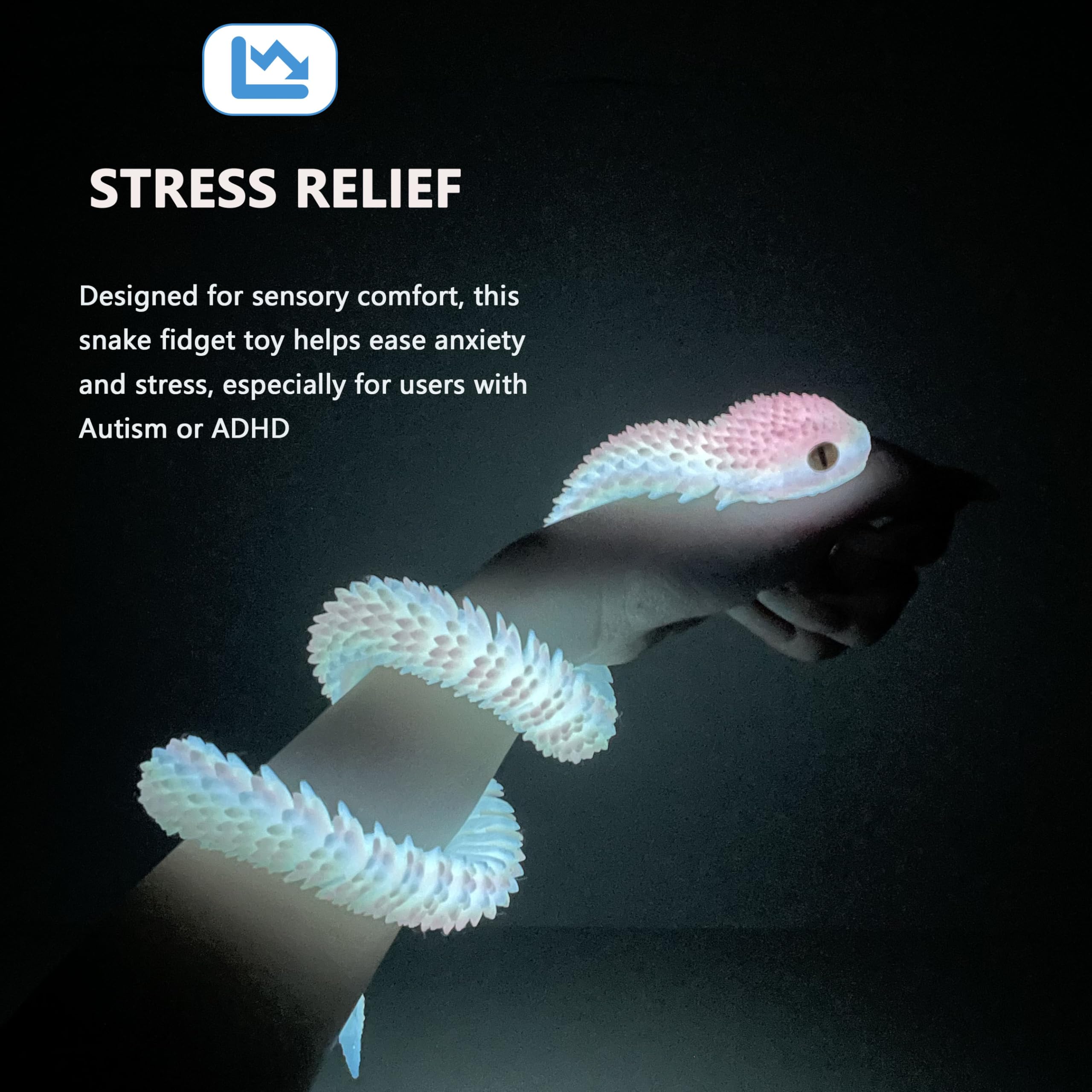 UXBSTM snake fidget promotes calm sensory focus during work.