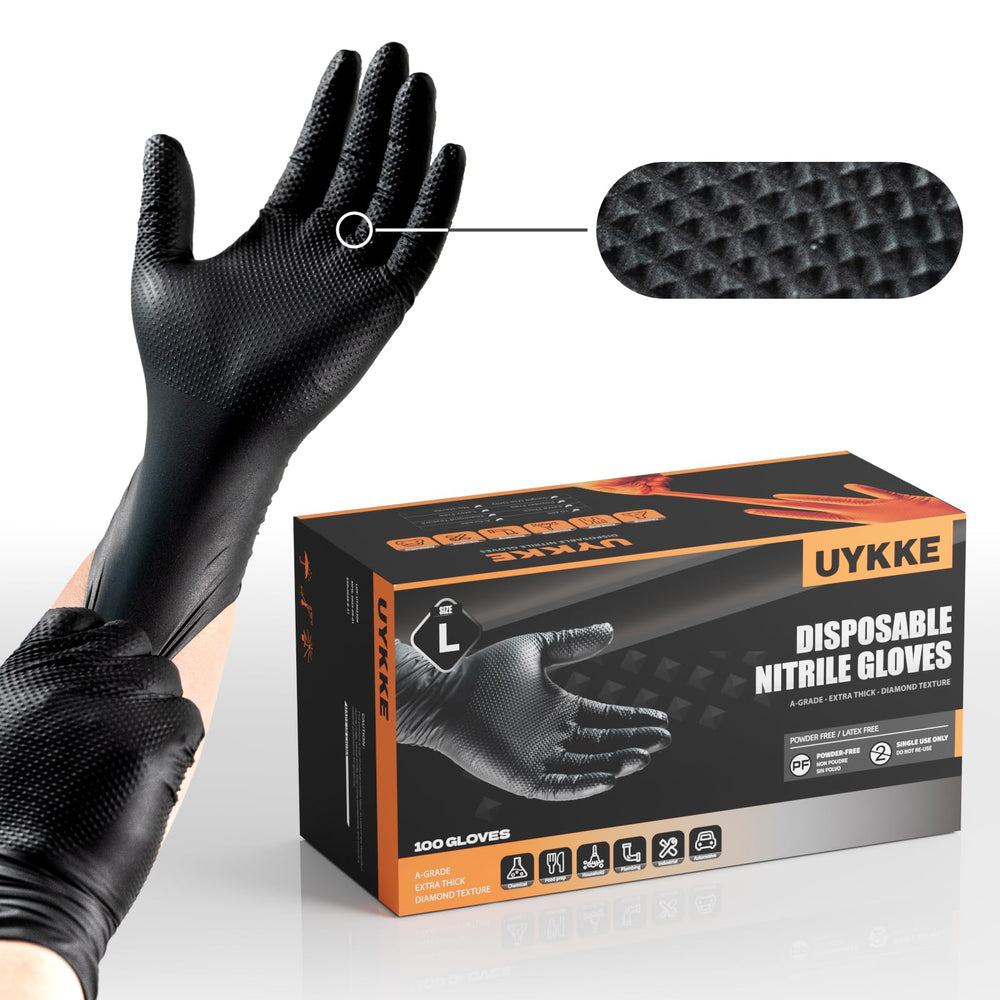 UYKKE 10mil nitrile gloves with diamond texture provide strong grip on wet surfaces.