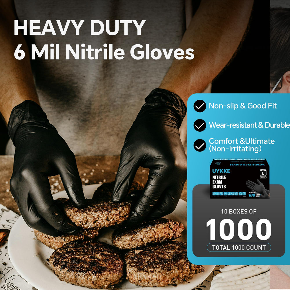 UYKKE black 6mil nitrile gloves offer heavy-duty protection for tough jobs.