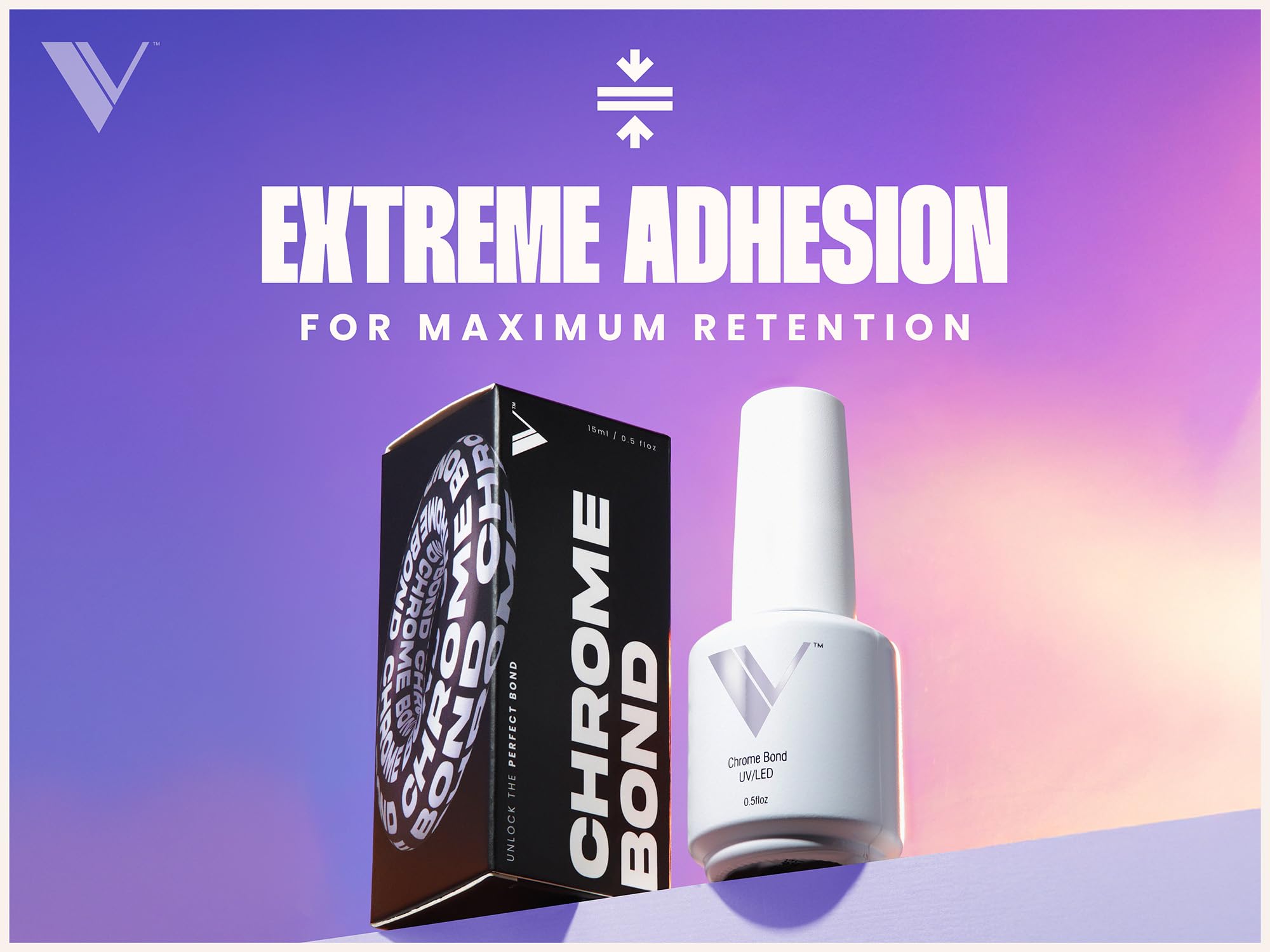 V Beauty Pure chrome base coat delivers a glossy, chip-free finish.