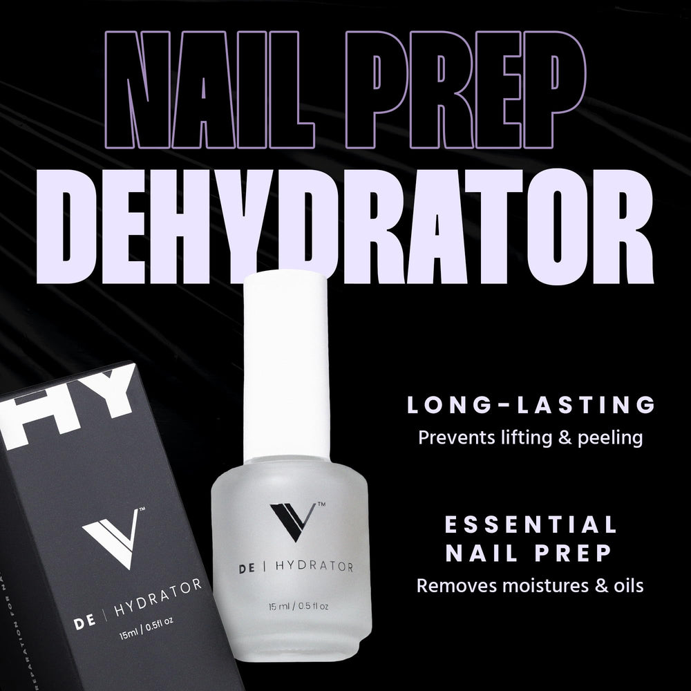 V Beauty Pure Nail Dehydrator bottle pour demonstrates oil and moisture removal for adhesion.