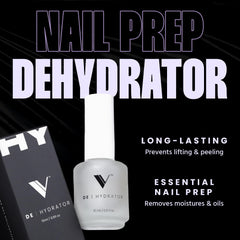 V Beauty Pure Nail Dehydrator bottle pour demonstrates oil and moisture removal for adhesion.