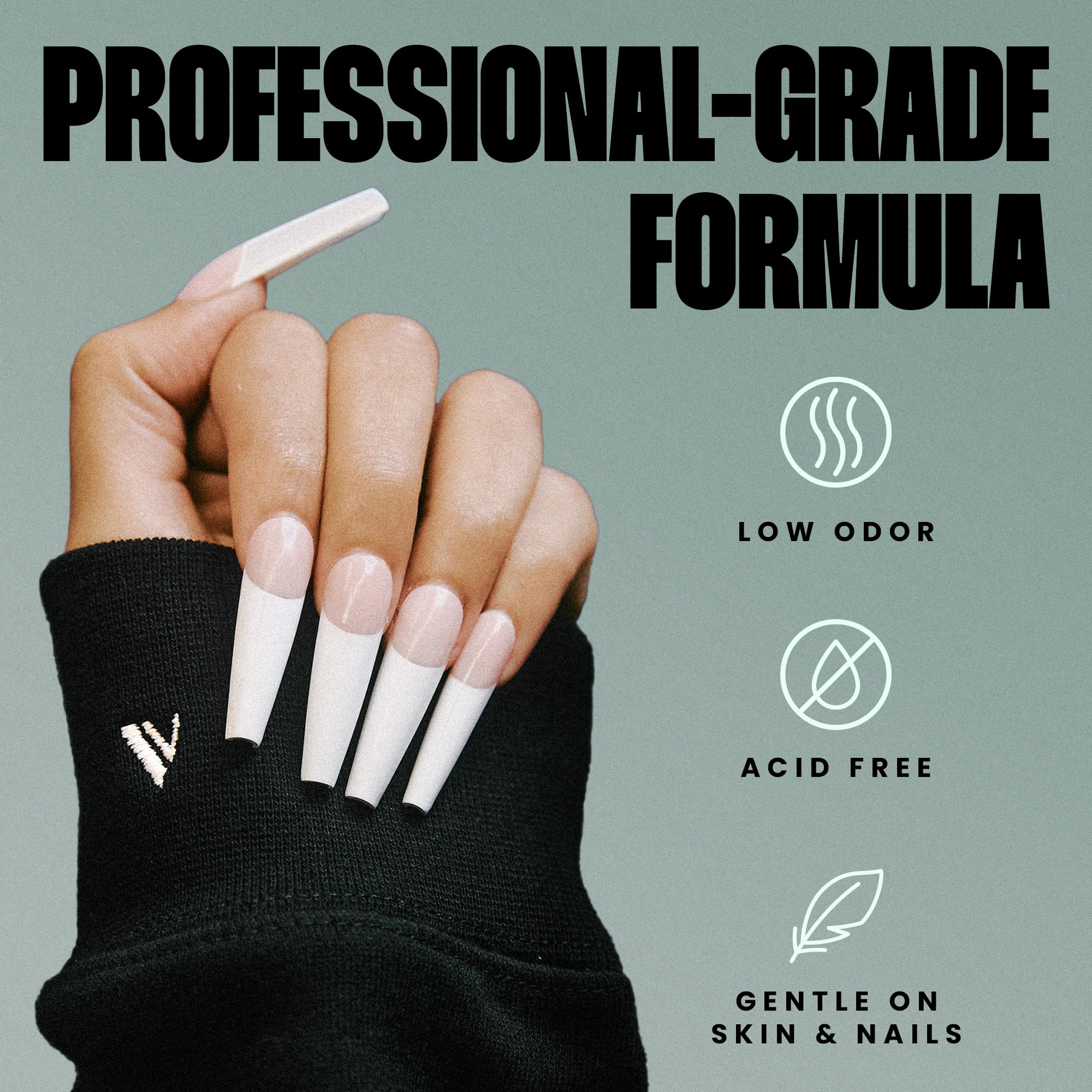 Low-odor, acid-free formula designed for gel, acrylic, and builder nails.