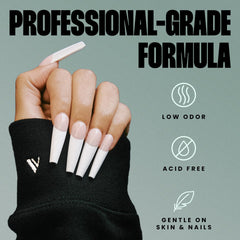Low-odor, acid-free formula designed for gel, acrylic, and builder nails.