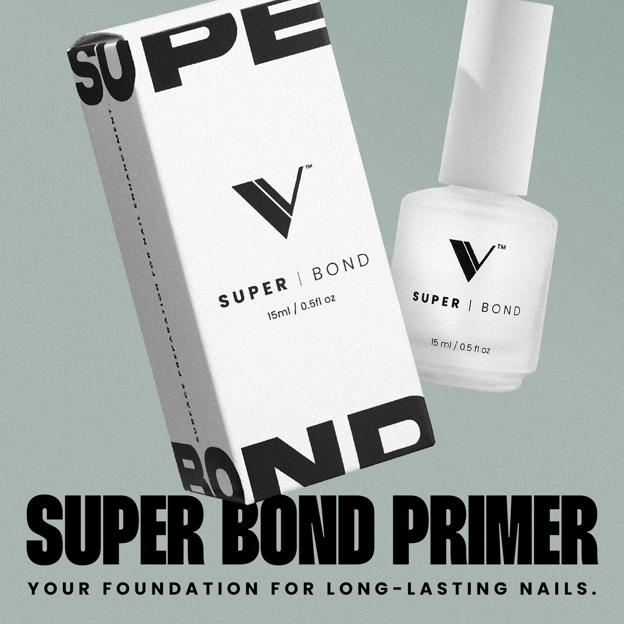 Close-up of V Beauty Pure Super Bond Primer on the nail plate improving adhesion.
