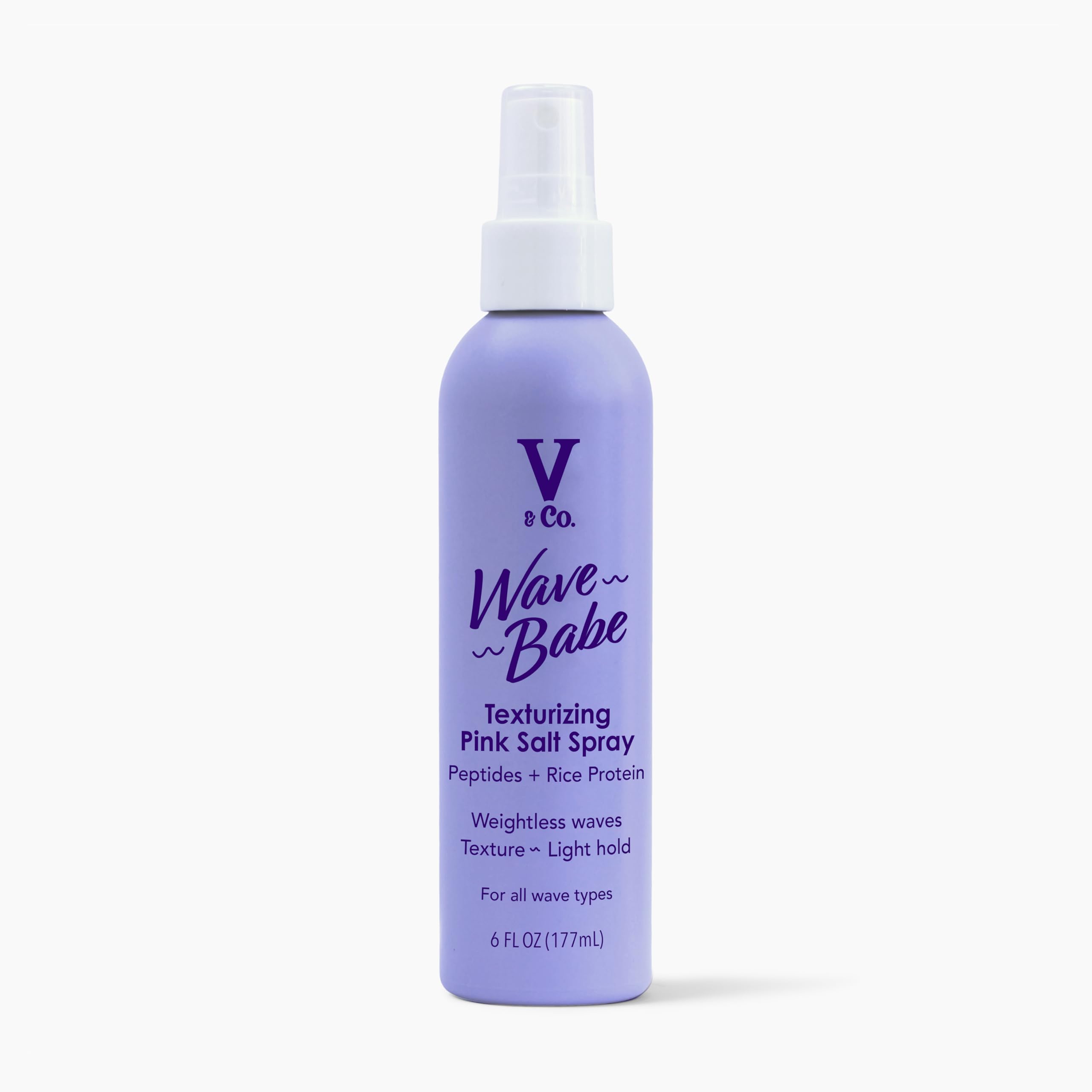 V&Co Wave Babe pink salt spray bottle for beachy, touchable waves.