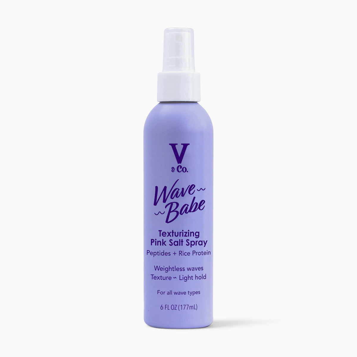 V&Co Wave Babe pink salt spray bottle for beachy, touchable waves.