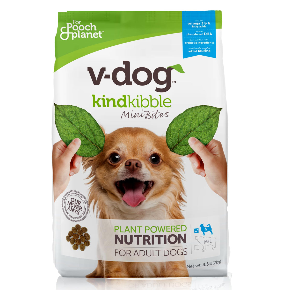 V-dog vegan mini kibble bag front for small dogs, highlighting plant-based nutrition.