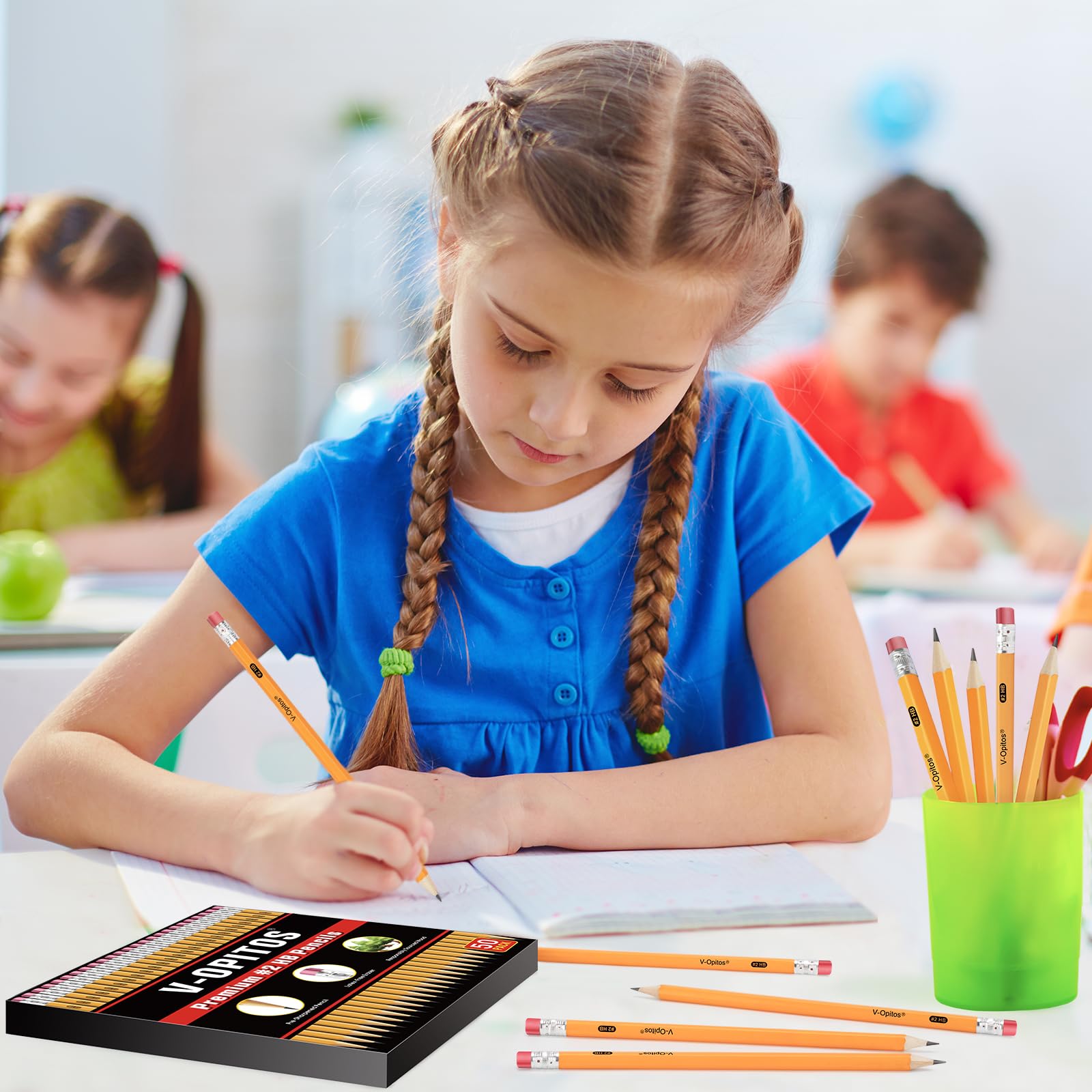 V-Opitos pencils in a classroom or desk setup for daily tasks.