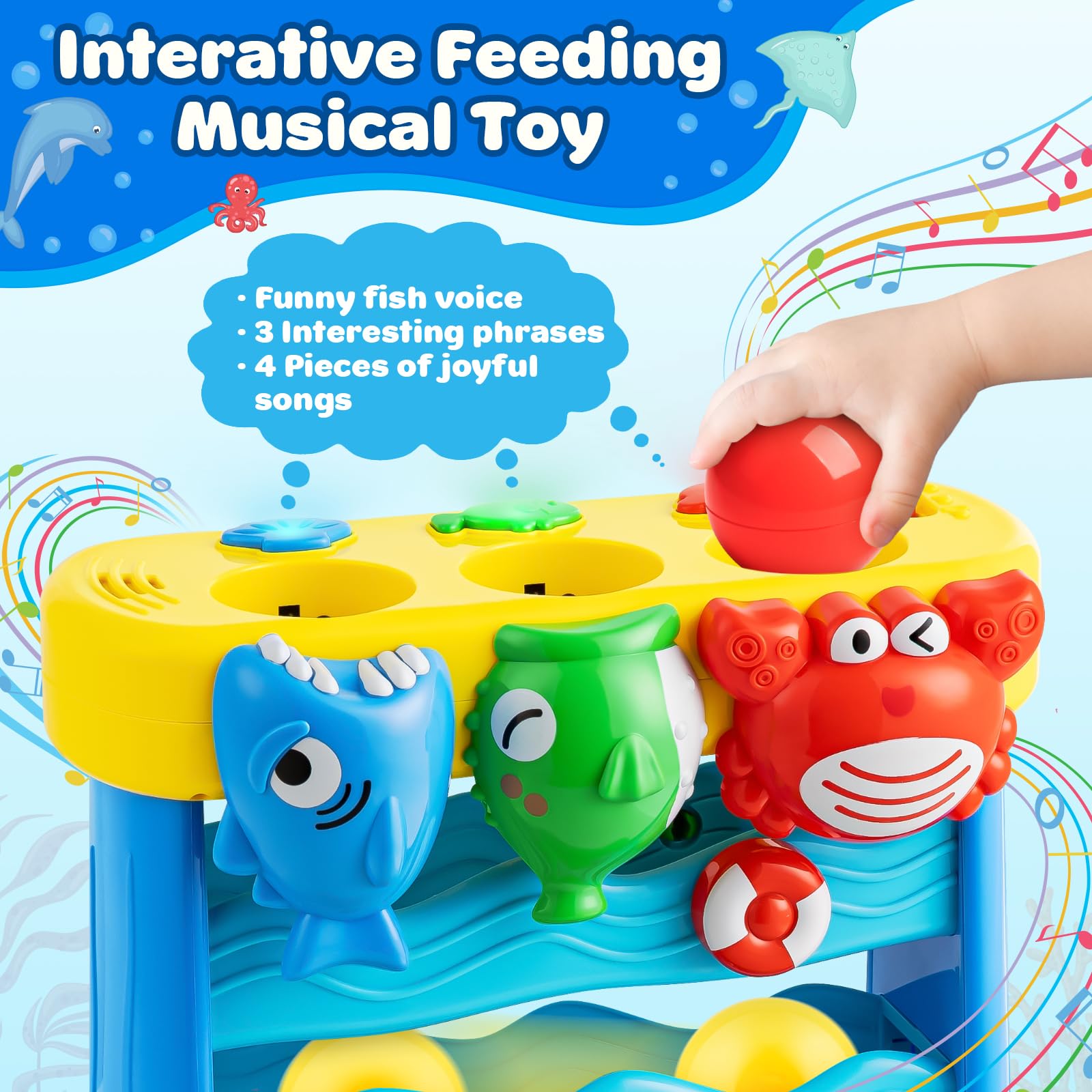 V-Opitos pufferfish feeding interaction promotes fine motor play and cause-effect learning.