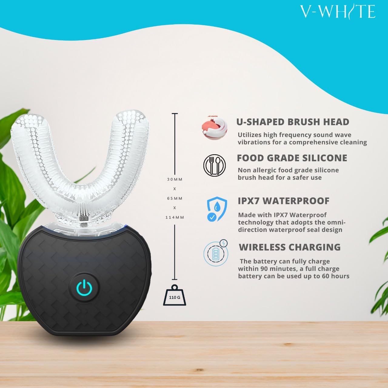 V-WHITE 360-degree cleaning coverage demonstrates full-mouth reach and efficiency.
