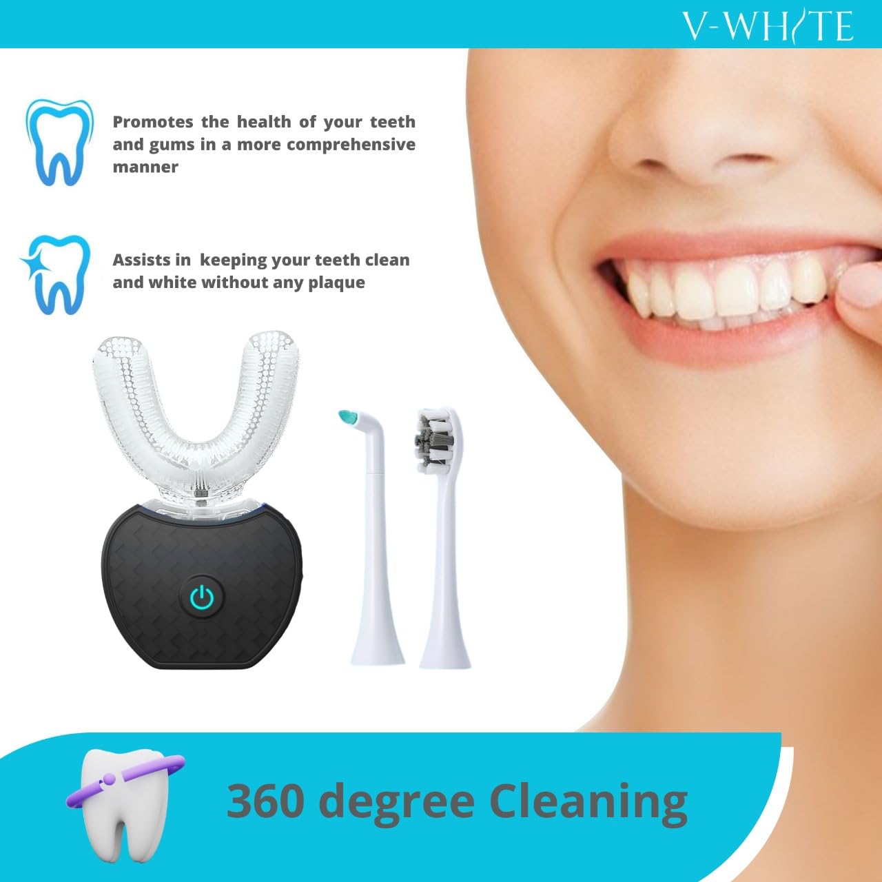 V-WHITE hands-free brushing mode highlights multitasking convenience.