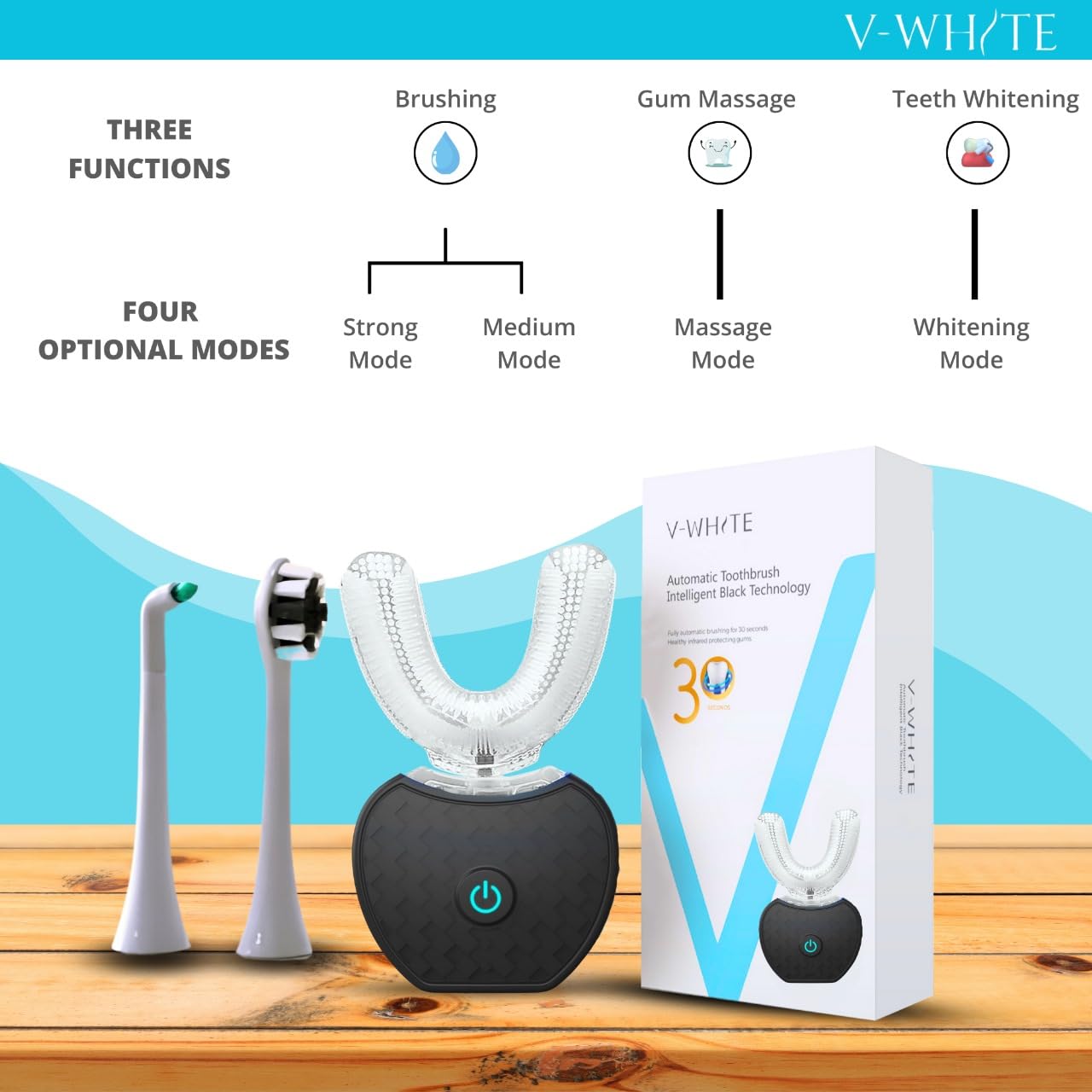 V-WHITE in-the-box accessories show a complete brushing setup.