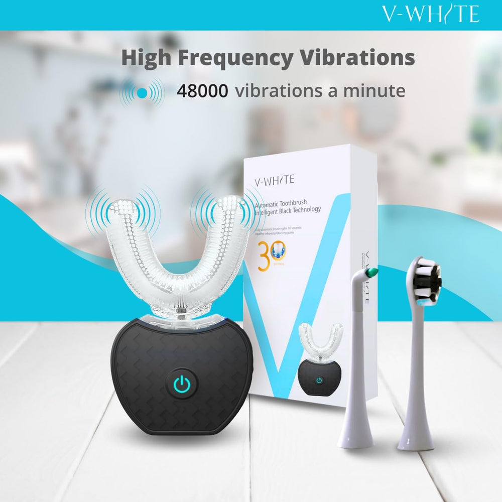 V-WHITE long battery life emphasizes extended brushing between charges.