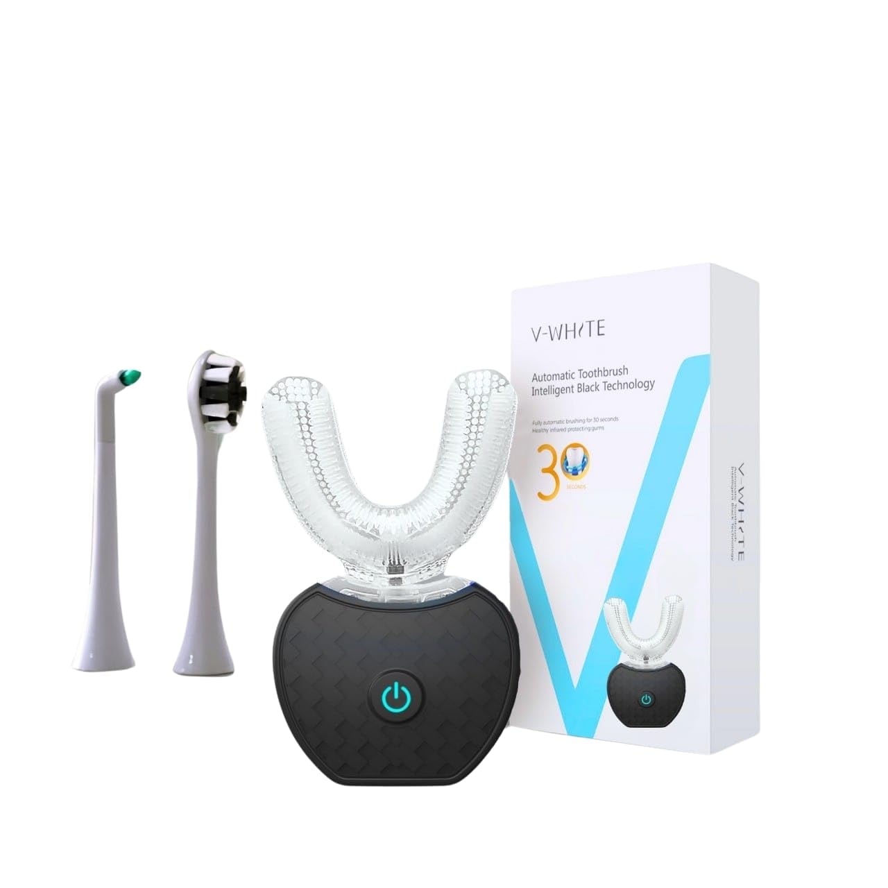 V-WHITE ultrasonic U-shaped brush head close-up for comprehensive cleaning.