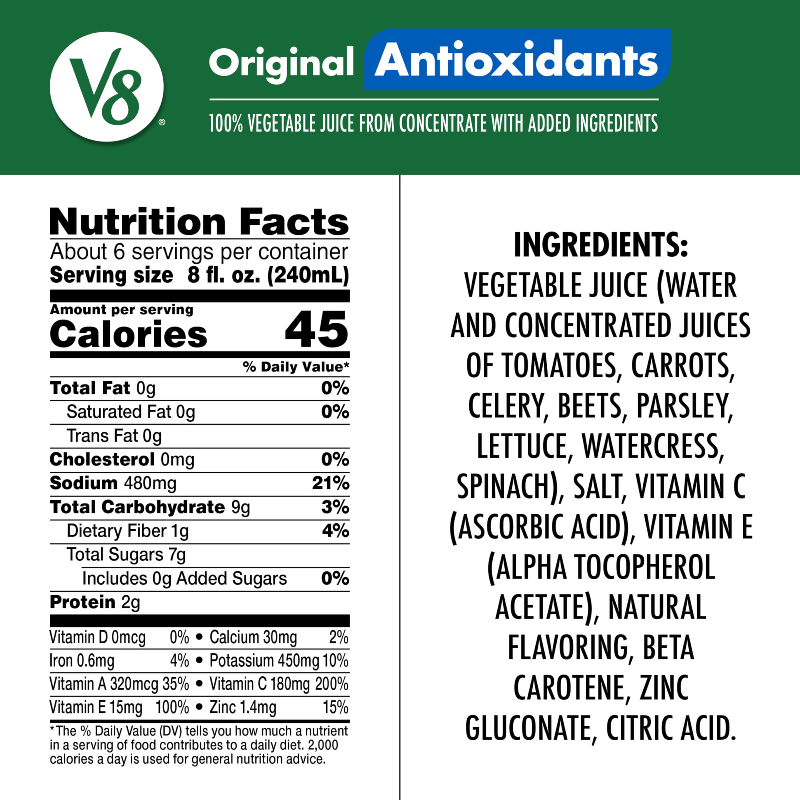 V8 Antioxidants Original ingredients show tomato and seven vegetables, supports daily veggie intake