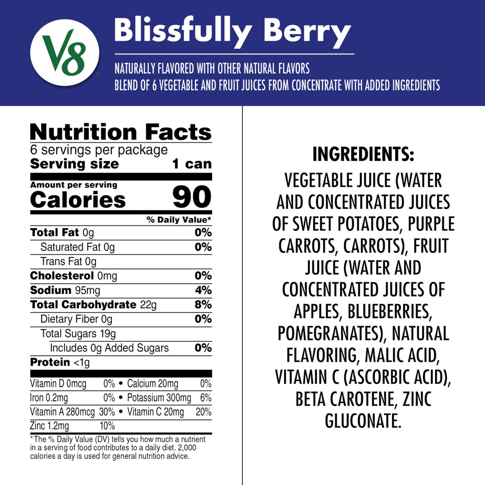 V8 Blissfully Berry can side view, ideal for busy days
