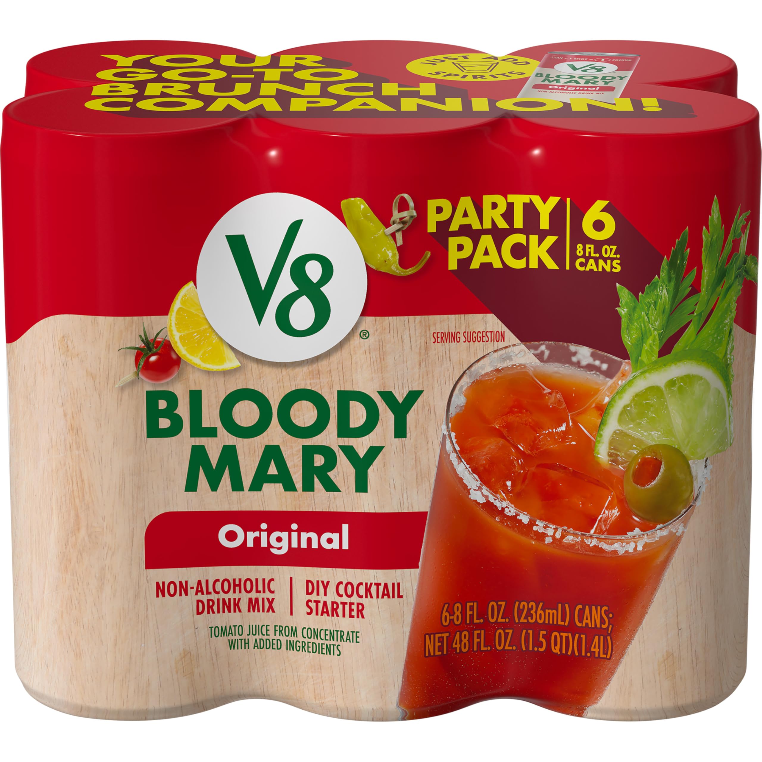 V8 Bloody Mary Mix six-pack can front view for quick brunch cocktails