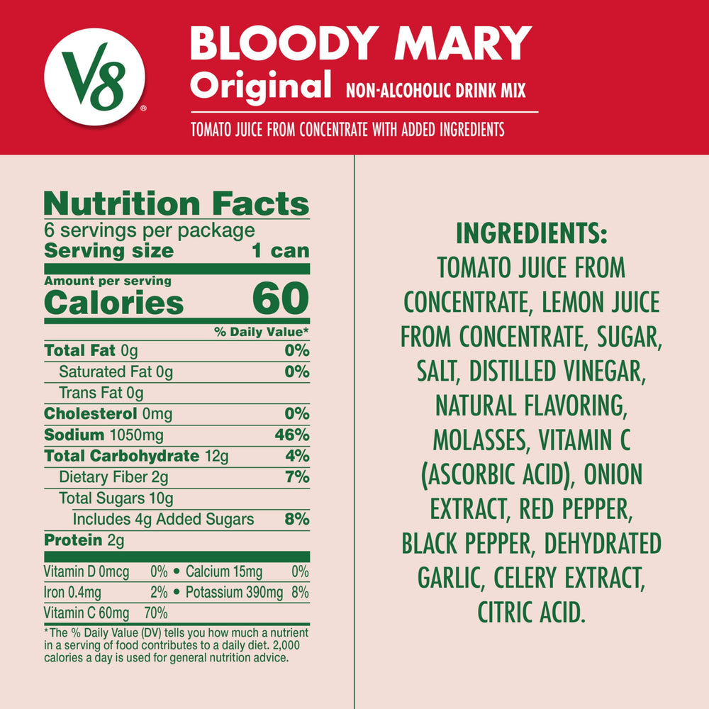 V8 Bloody Mary Mix label close-up showing spice blend and tomato base