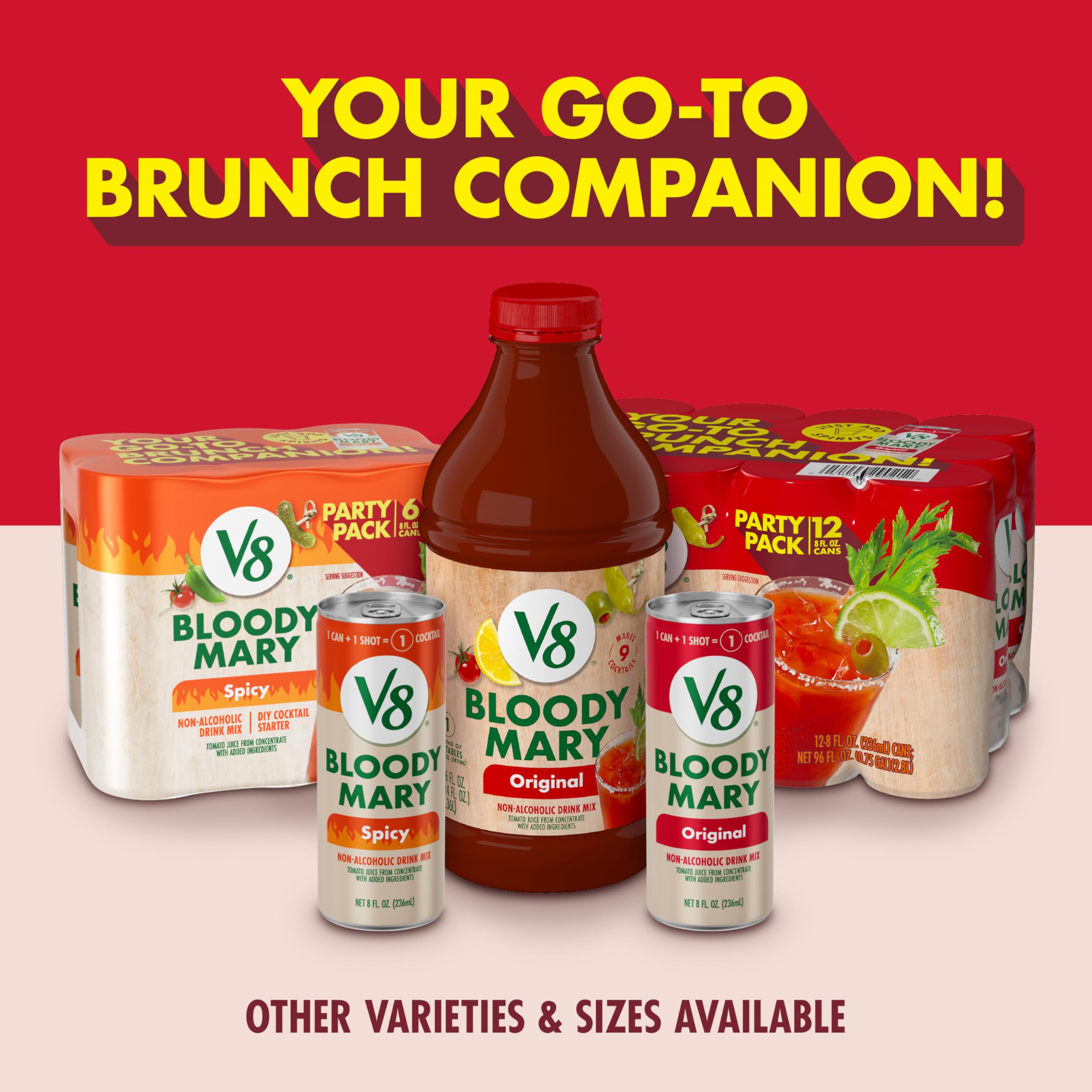 V8 Bloody Mary Mix on a party table with garnishes for brunch vibes