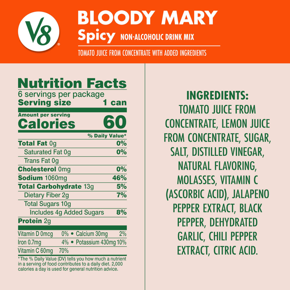 Close-up of ingredients in V8 Bloody Mary Spicy Mix showing bold spices