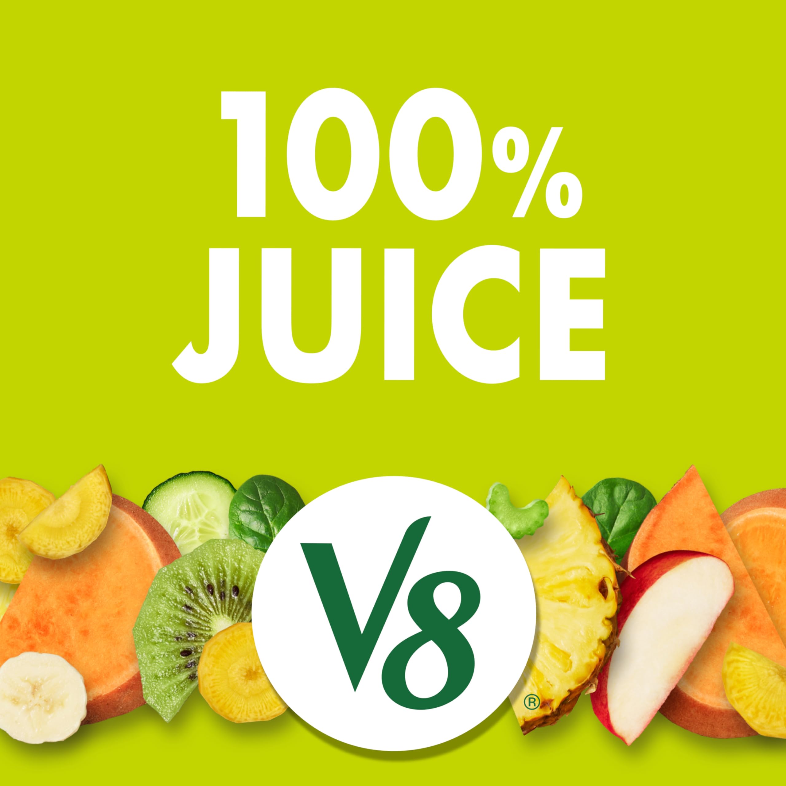 V8 Deliciously Green with cucumber, celery, and spinach highlighting fresh veggie-forward flavor