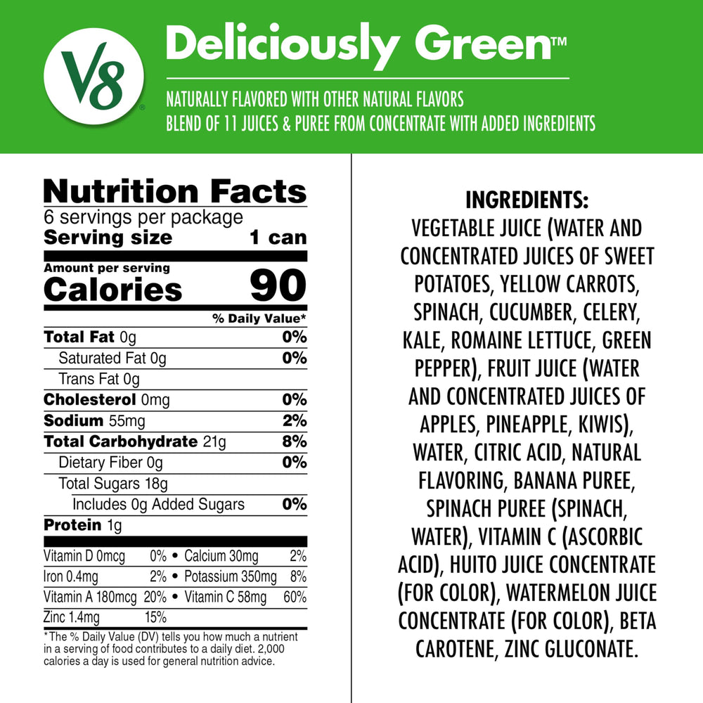 V8 Deliciously Green ingredients label highlighting greens and fruits