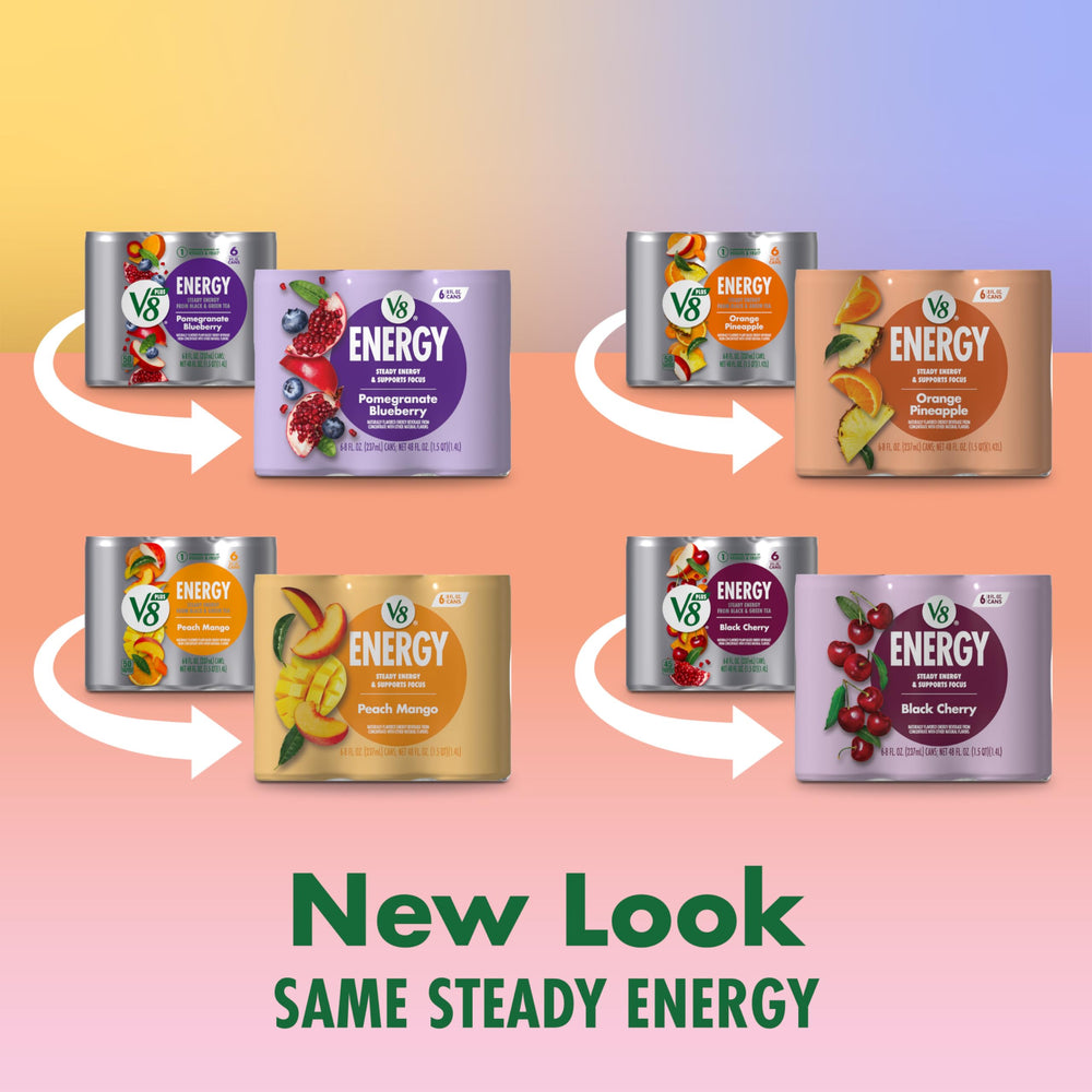 V8 +Energy Black Cherry can, bold taste with natural caffeine from tea.