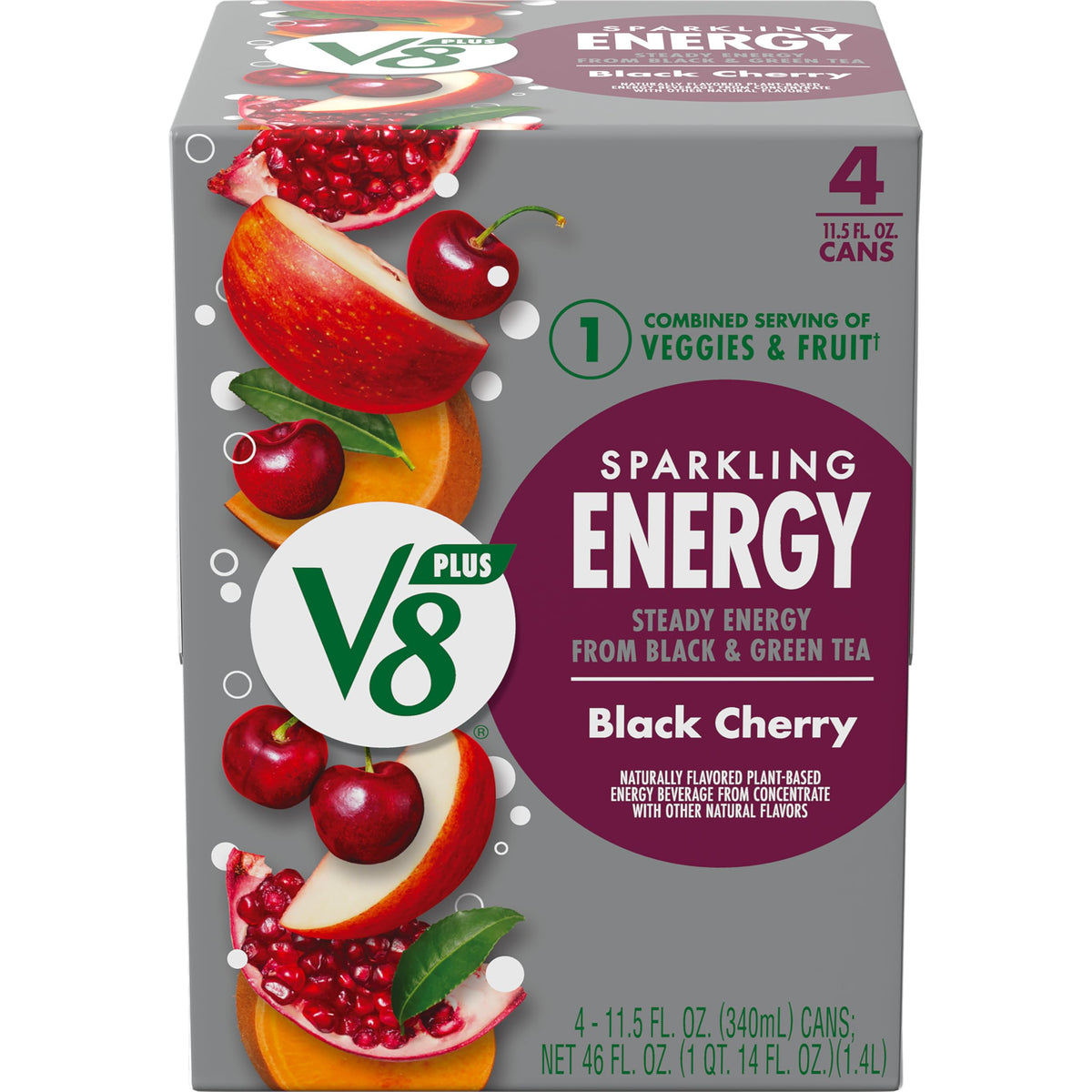 V8 +ENERGY Black Cherry energy drink can, 4-pack for on-the-go refreshment.