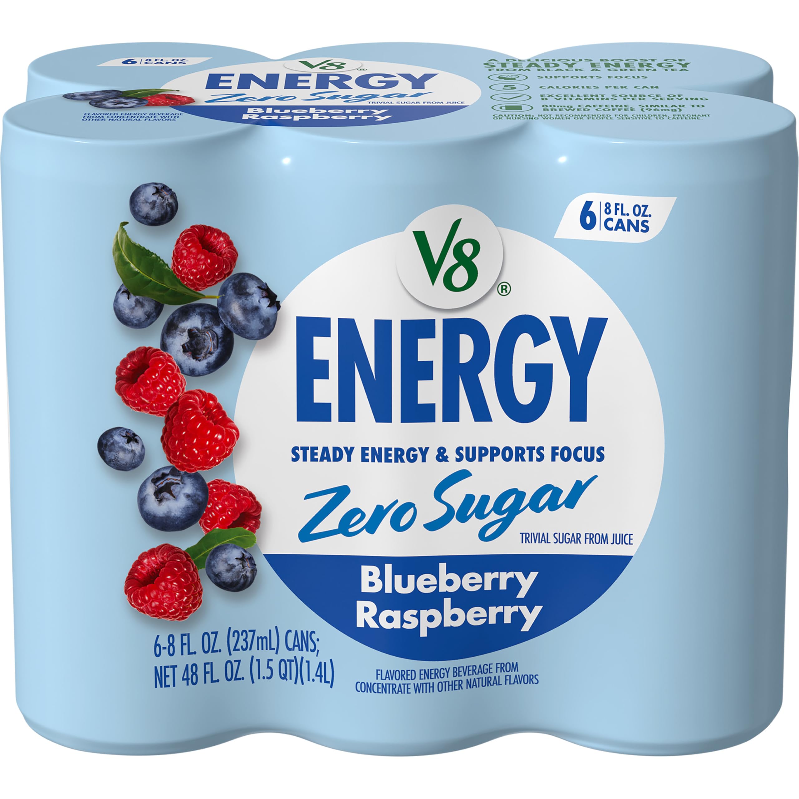 V8 Energy Blueberry Raspberry can close-up showing flavor and caffeine boost.