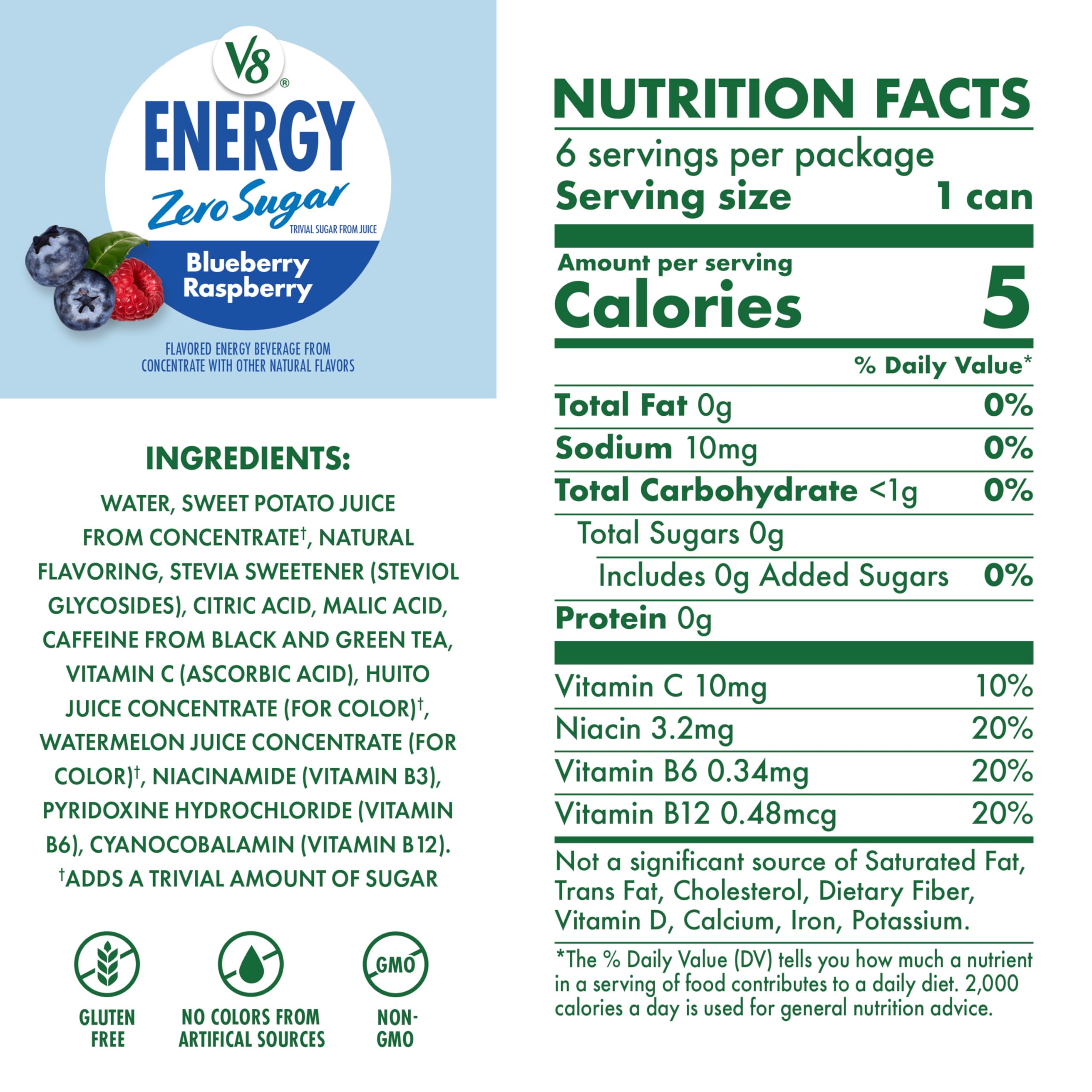 V8 Energy Blueberry Raspberry can side panel highlighting caffeine and B vitamins