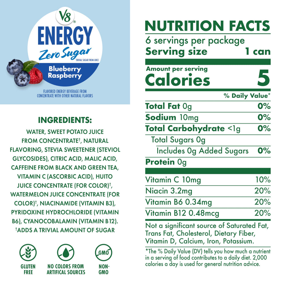 V8 Energy Blueberry Raspberry can side panel highlighting caffeine and B vitamins