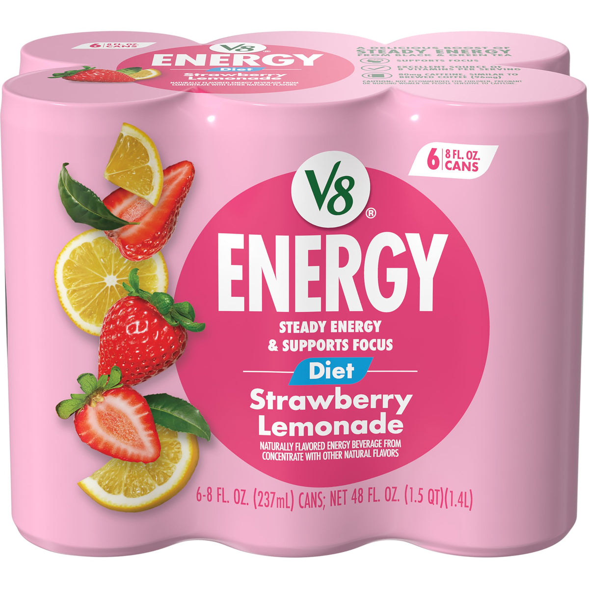 V8 Energy Diet Strawberry Lemonade can front with vibrant flavor and caffeine boost