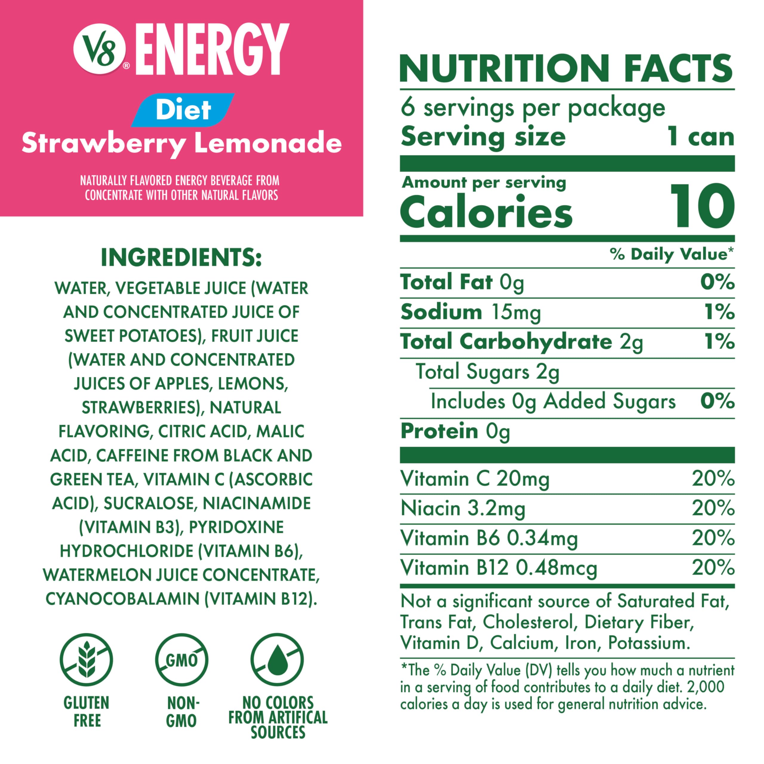 V8 Energy Diet Strawberry Lemonade can side view highlighting nutrition and no added sugar