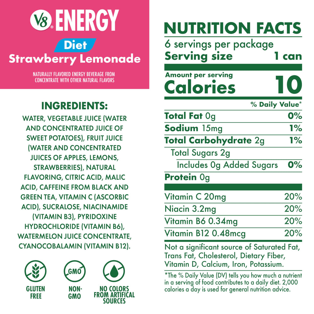 V8 Energy Diet Strawberry Lemonade can side view highlighting nutrition and no added sugar