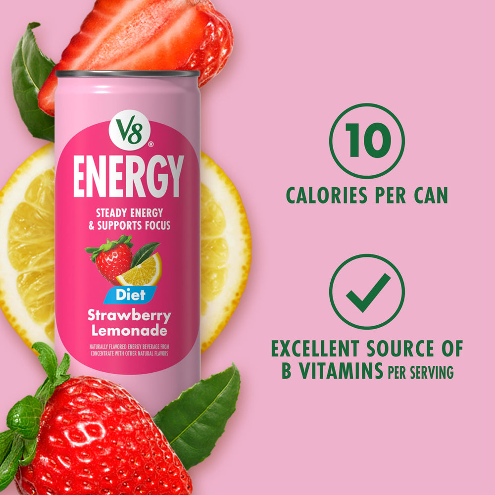 V8 Energy Diet Strawberry Lemonade packaging case, multi-pack convenience for daily use.