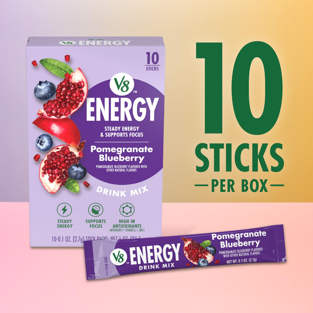 V8 Energy flavor visual highlighting pomegranate blueberry taste and aroma.