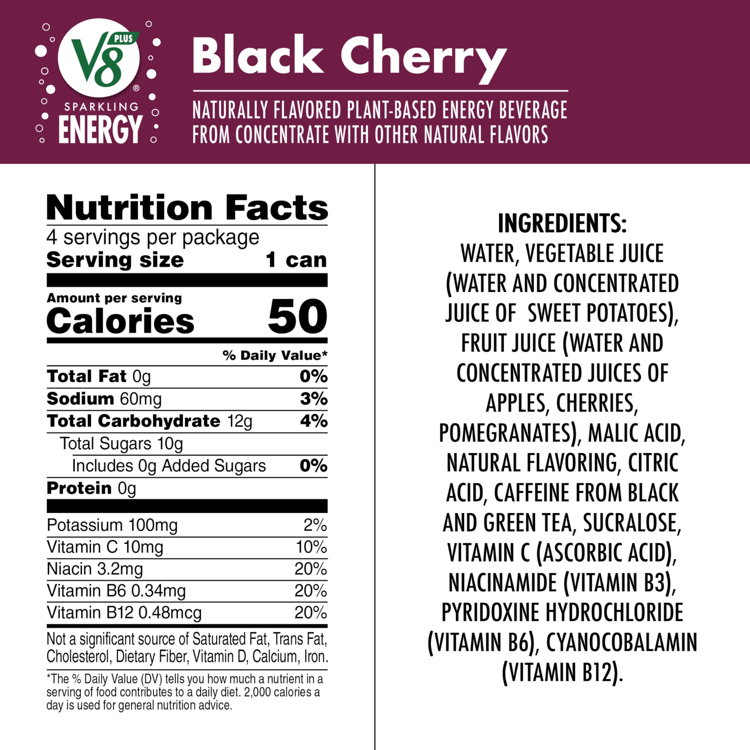 V8 +ENERGY black cherry can with tea-based caffeine for steady energy.