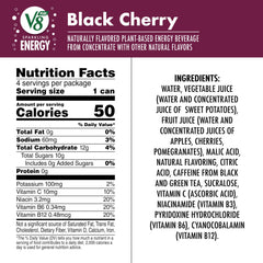 V8 +ENERGY black cherry can with tea-based caffeine for steady energy.