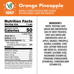 V8 +Energy orange pineapple can back label with nutrition details and energy information.